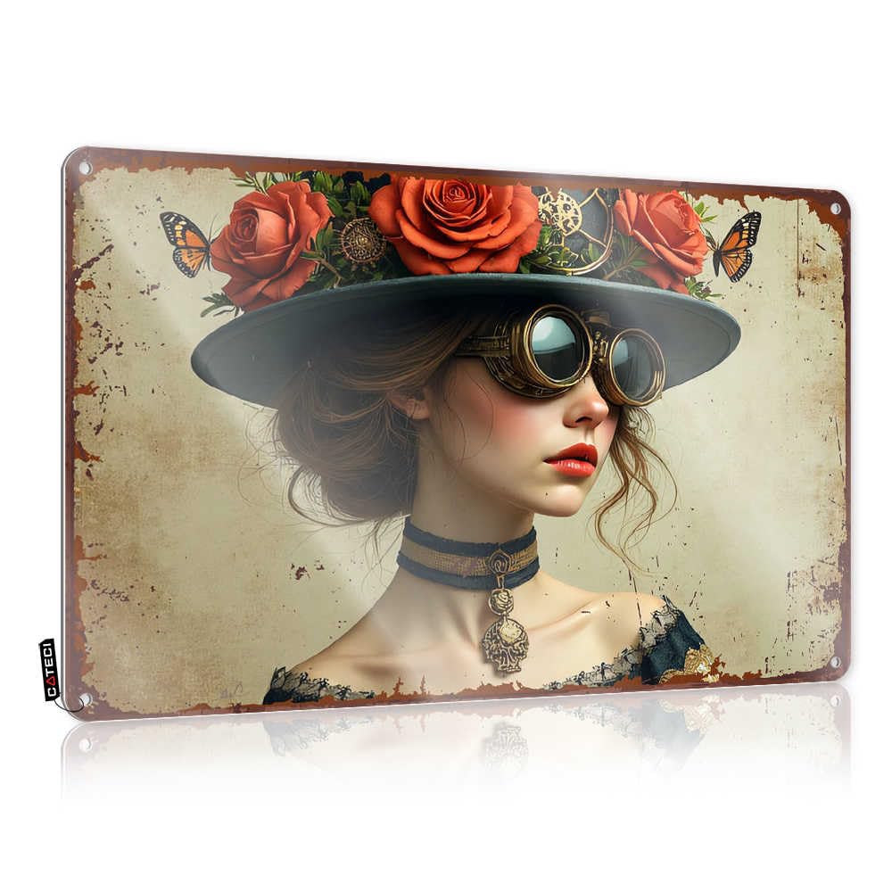 Fzfn Men's Colour Tin Sign Outdoor Decorations For Patio Vintage Style | Steampunk Elegance: A Victorian-Inspired Portrait With Goggles An Inappropriate Nice Home Decor(30X40cm)