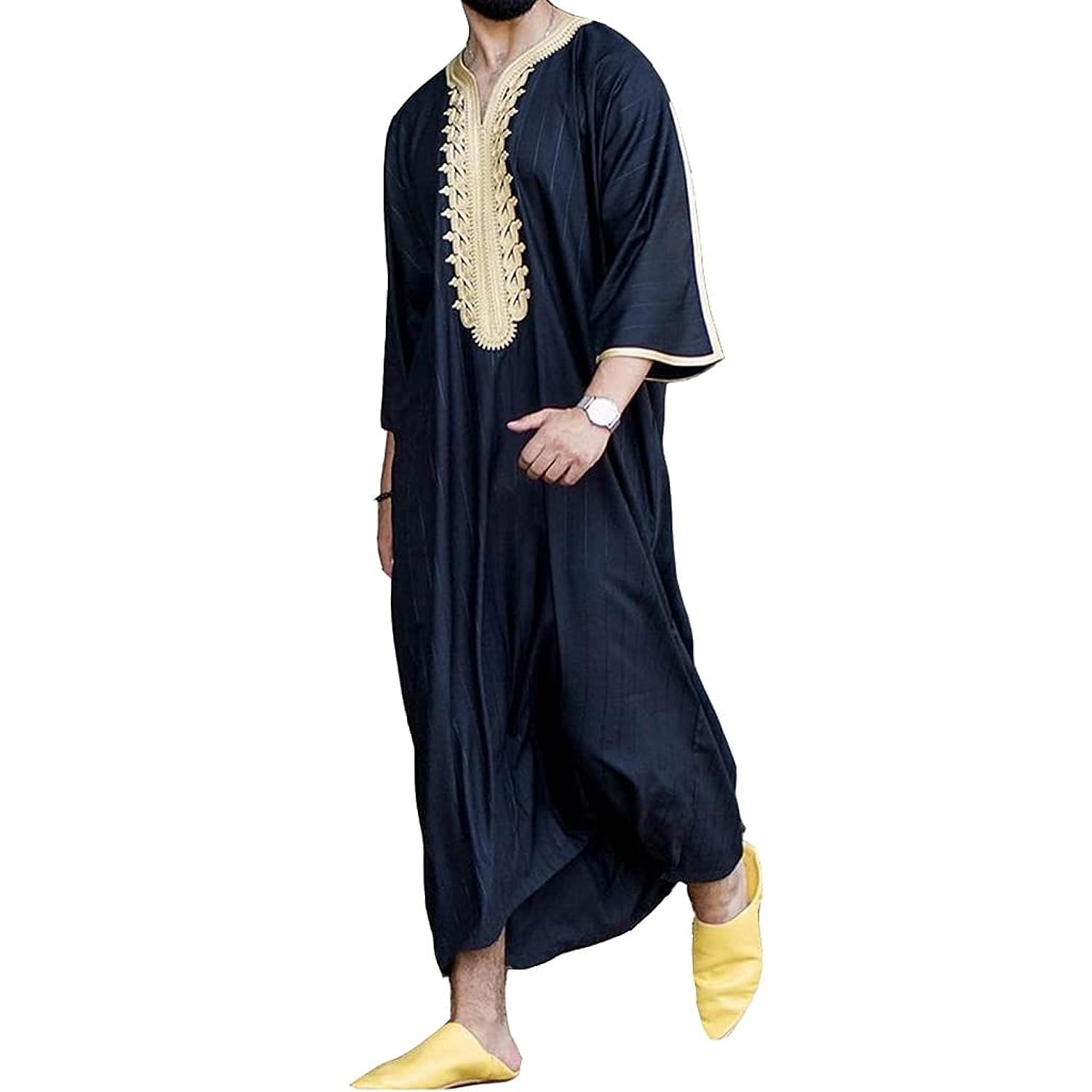 Men Dress Embroidery Long Gown Thobe Robe Short Sleeve Sleepwear Nightshirt-image-40
