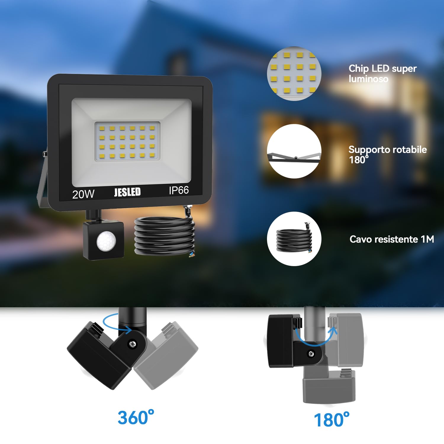 JESLED Faretto LED Da Esterno Con Sensore di Movimento, 20W 2200 Lumen, IP66 Impermeabile per Giardino, Cortile, Patio, Garage