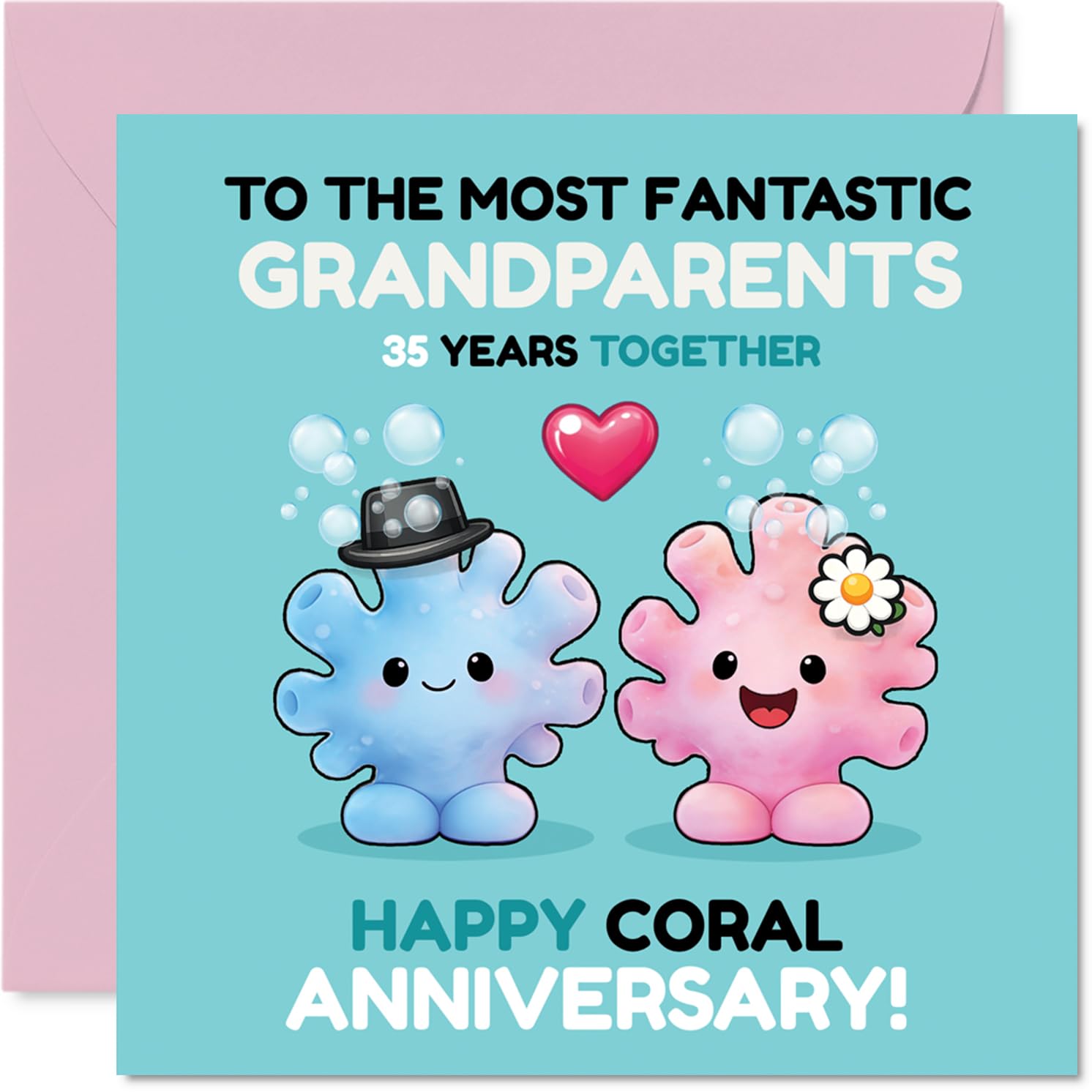 Cute 35th Anniversary Card for Grandparents - Celebrating 35 Years of Love - Adorable Coral Characters and Vibrant Colours - 145mm Square, Envelope Included