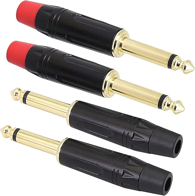 6.35 mm TS Audio Plug, 1/4 inch Mono Male Connector, Gold-Plated 6.3 TS Mic Plug for Guitar/Speaker/Microphone Cable etc (4 Pack)