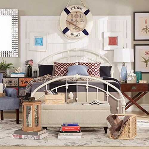 White Antique Vintage Metal Bed Frame Rustic Wrought Cast Iron Curved Round Headboard and Footboard Victorian Old Fashioned Bedroom Furniture Kit Mattress Bedding Not Included (Full)