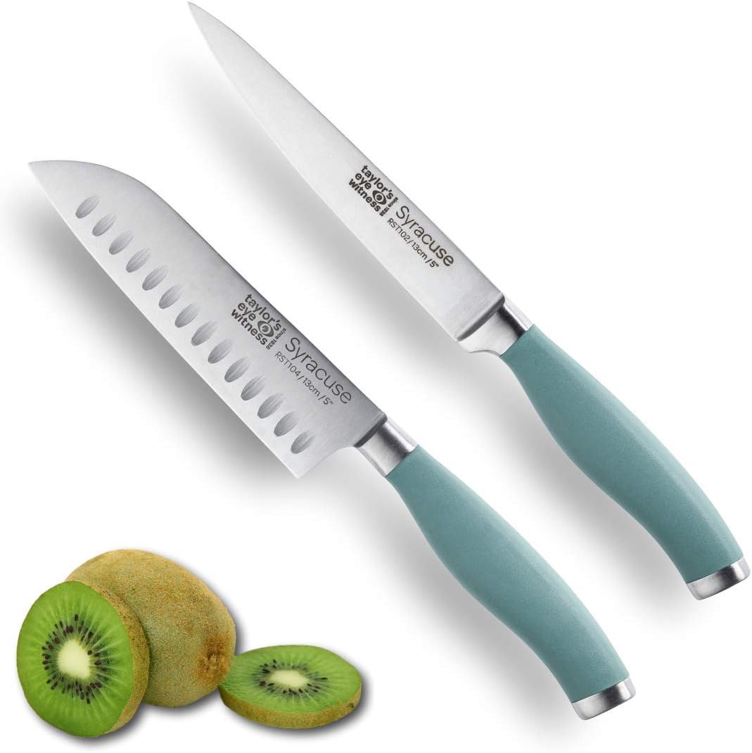 Syracuse Asian Kitchen Knife Set - Chefs Santoku 13cm/5” & Cooks All Purpose 13cm/5” Cutting Edge, Multi Use. Ultra Fine, Razor Sharp Blade. Soft Grip Aqua Blue Handle.