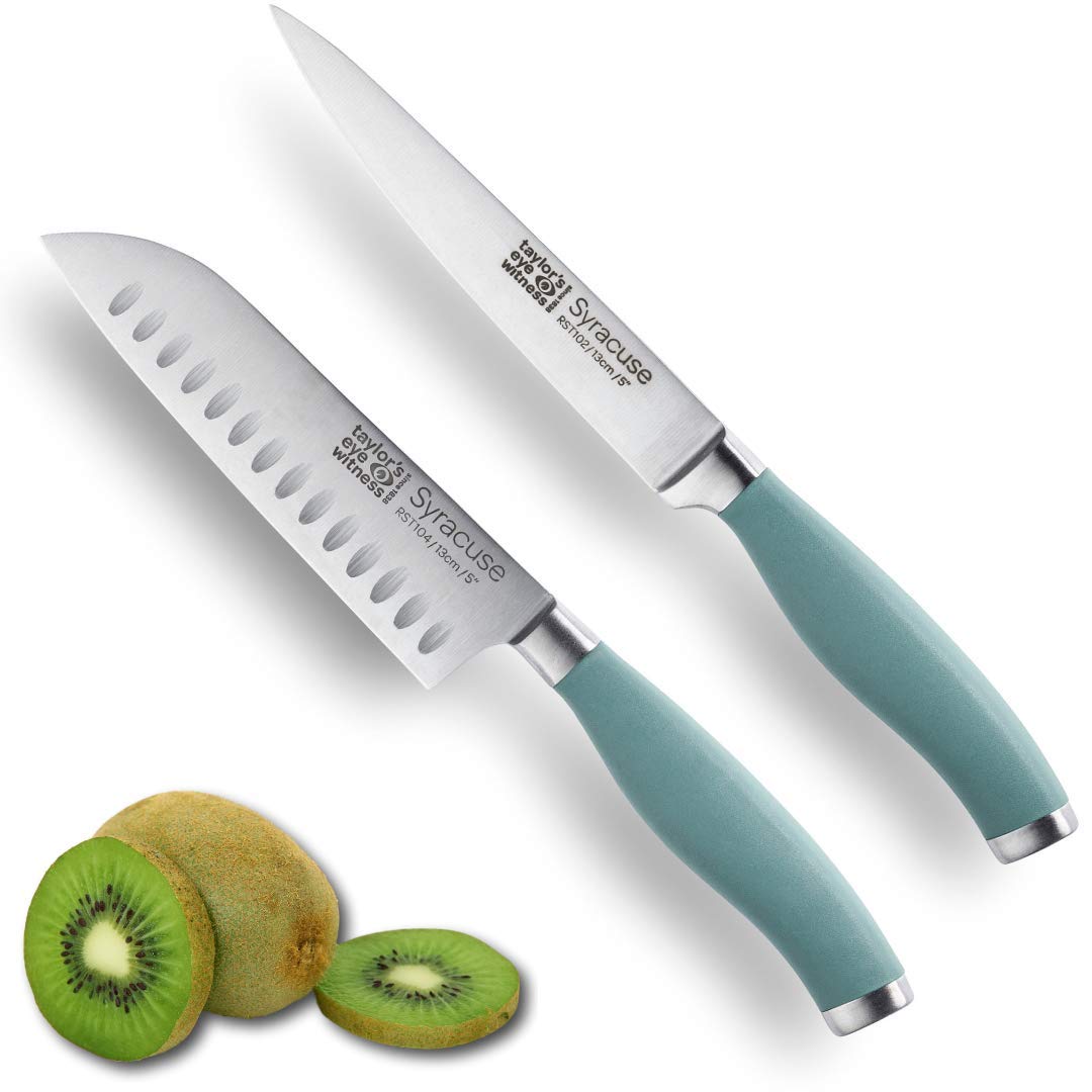 Syracuse Asian Kitchen Knife Set - Chefs Santoku 13cm/5” & Cooks All Purpose 13cm/5” Cutting Edge, Multi Use. Ultra Fine, Razor Sharp Blade. Soft Grip Aqua Blue Handle.