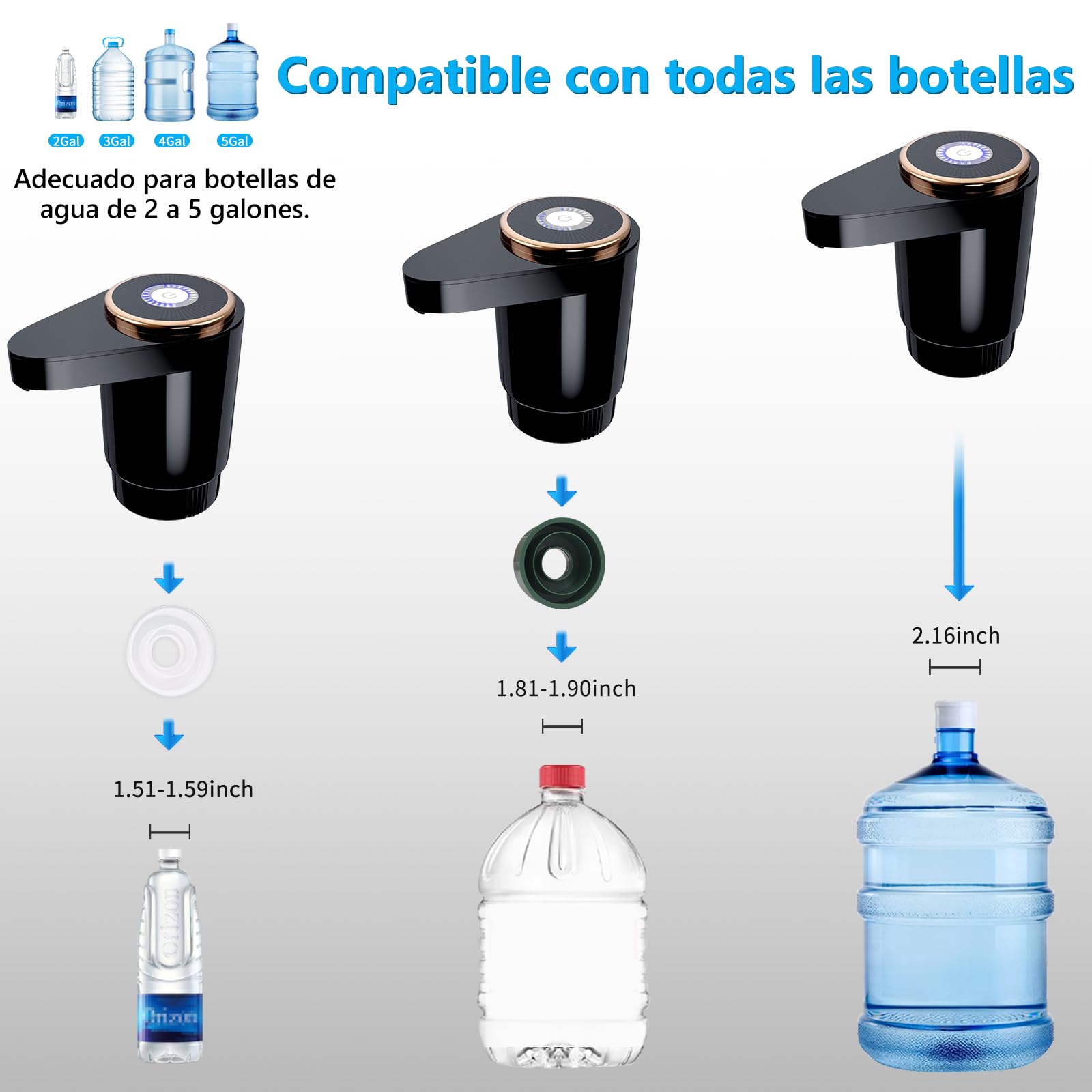 EasySpeed Dispensador de Agua de Doble Velocidad | Recargable 1200mAh Bomba de Grifo para Botellas con 2 Adaptadores | Compatible con Garrafas de 3 a 20 litros | para Camping, Casa & Oficina, Negro — view 2