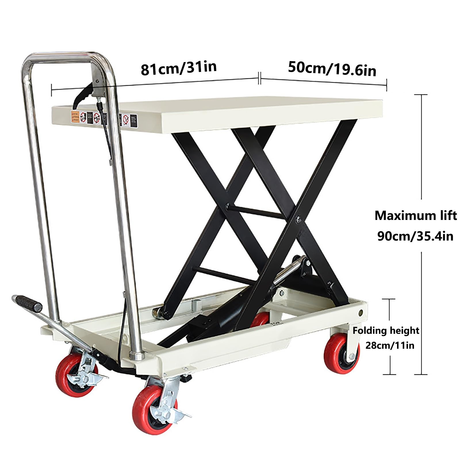 Mesa elevadora de tijera,elevador de tijera de 500 kg,altura de la mesa elevadora 90 cm,carro elevador hidráulico manual,carro elevador con 4 ruedas,adecuado for fábricas,almacenes y supermercados
