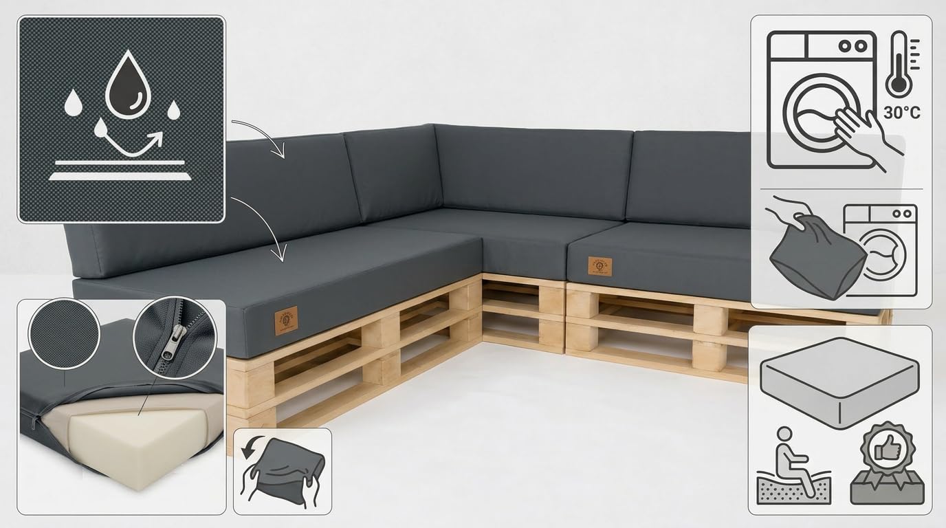 Palettenkissen 7-teiliges Set für Ecksofa | Palettensofa mit abnehmbarem Bezug | Kaltschaum Palettenauflage | Sitzkissen Rückenlehne für Europaletten 120 x 80 | UV-beständig | Waschbar (Dunkelgrau)