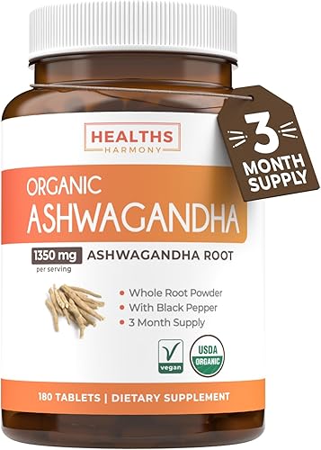 Miniatura 8 de Ashwagandha orgánica USDA (60 tabletas vegetarianas) 1350 mg de polvo de raíz de Ashwaganda por porción con pimienta negra  Apoyo suprarrenal