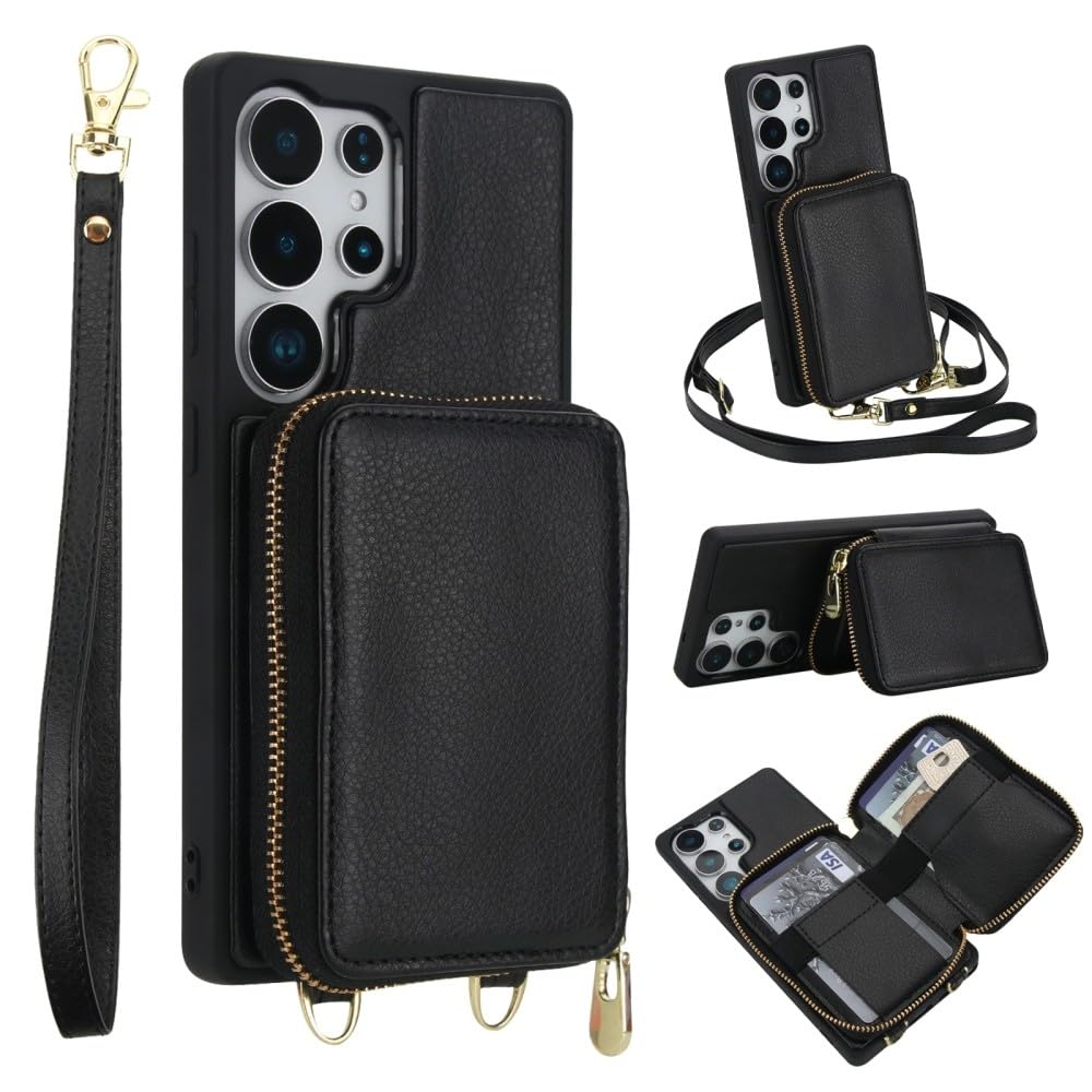 Generic - Funda para Samsung Galaxy S26 (color: negro) con correa de piel con cremallera