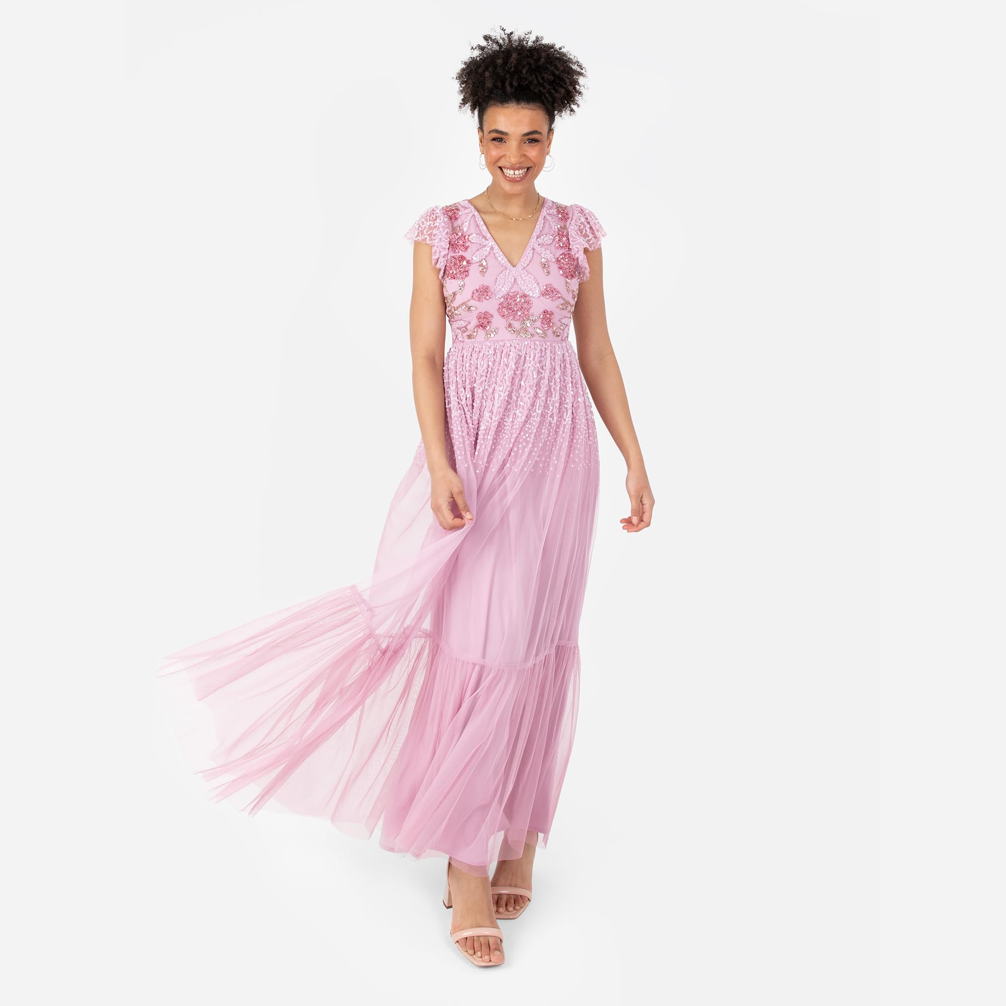 Maya Deluxe Women's Ladies Maxi Dress V-Neck Short Flutter Sleeves Floral Sequin Embellished Tulle A-Line Wedding Guest Bridesmaid Vestito Donna
