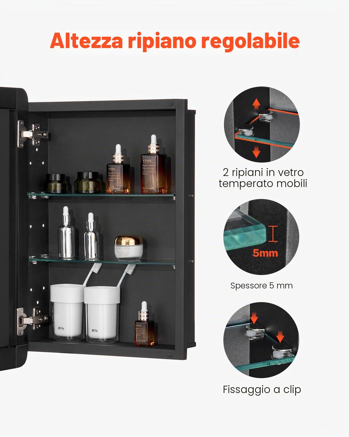 VEVOR Armadietto per Medicinali 406 x 610 mm Armadietto per Medicinali con Specchio per Bagno con Anta a Specchio, Ripiani in Vetro Regolabili, Installazione a Incasso e a Parete, Telaio in Alluminio