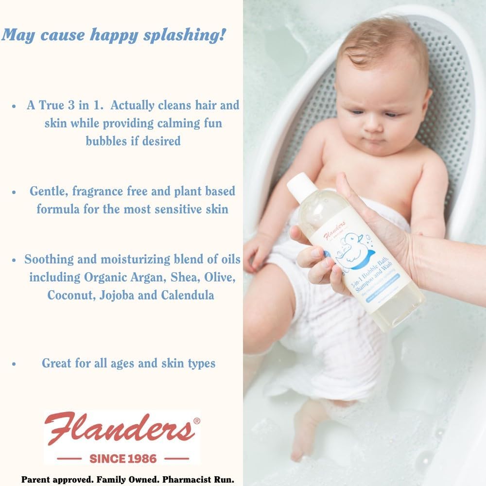 Flanders 3in1 Baby Bubble Bath, Shampoo & Body Wash 15oz Bottles with Pump | Tear-Free, Hypoallergenic Cleanser with Jojoba, Coconut & Argan Oil, Fragrance Free for Sensitive Skin, 2 Pack (30oz Total)