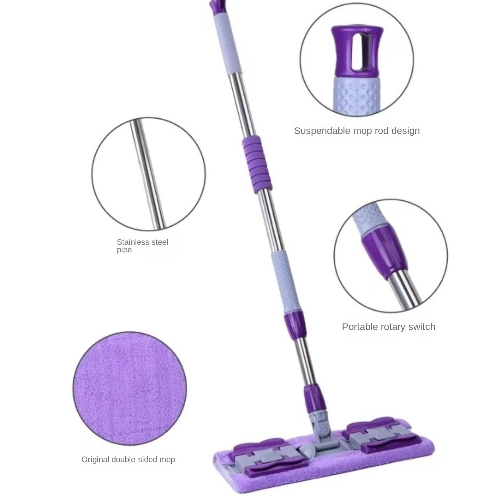 Fregona Sistema De Limpieza Pisos para El Hogar con 2 Almohadillas, Laminados Madera Limpieza Suelo(Purple)