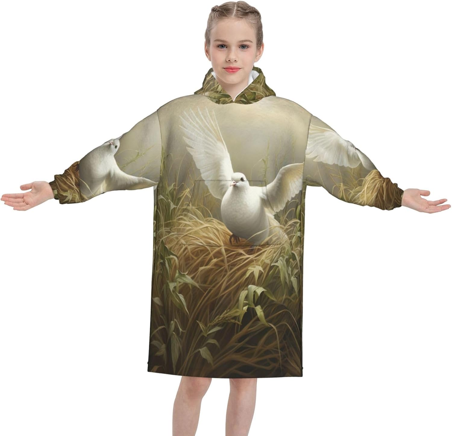 Grass And Dove Print Oversized Blanket Hoodie, Wearable Blanket Hooded,Hooded Pullover With Pocket