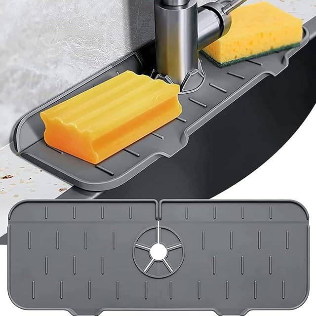 Kitchen Sink Splash Guard Faucet Mat Kitchenguard Silicone Handle Drip Catcher Tray Bathroom Sink Drain Mat Water Catcher Mat Faucet Absorbent Mat Sink Draining Pad Behind Faucet (Grey)