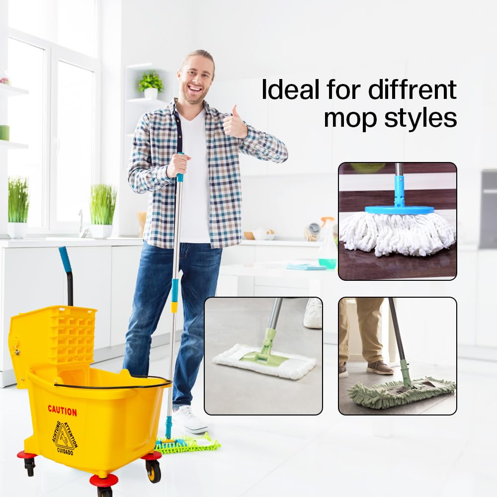 Berry Cubo de fregona comercial compacto con letrero de piso húmedo, cubo de fregona Kentucky con ruedas, 32 L, carrito de limpieza amarillo con escurridor extraíble y ruedas giratorias para