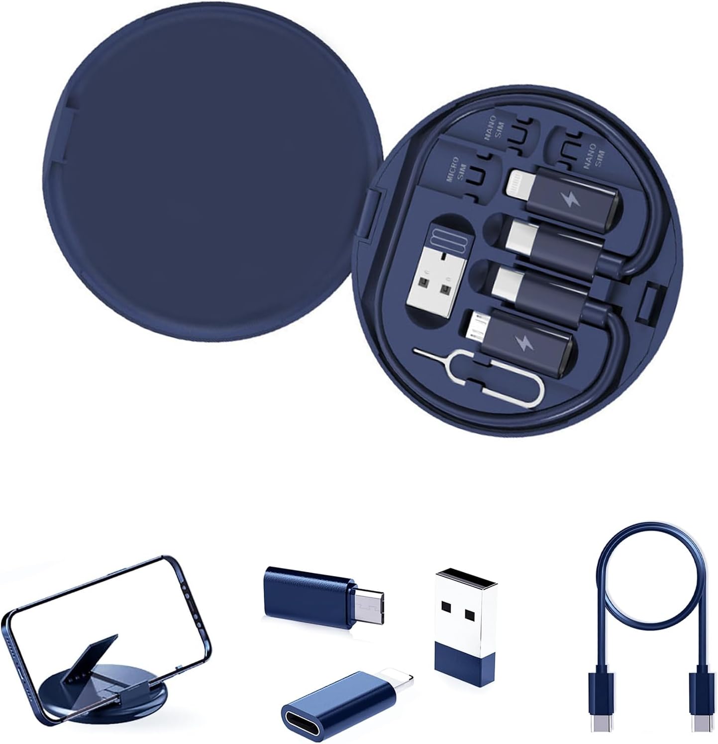 – Versatile USB Adapter Kit: Charge, Transfer & Travel Efficiently! USB C to iOS, Type C, Micro Adapters with Data Slot. Phone Holder & Card Case.(Midnight Blue)