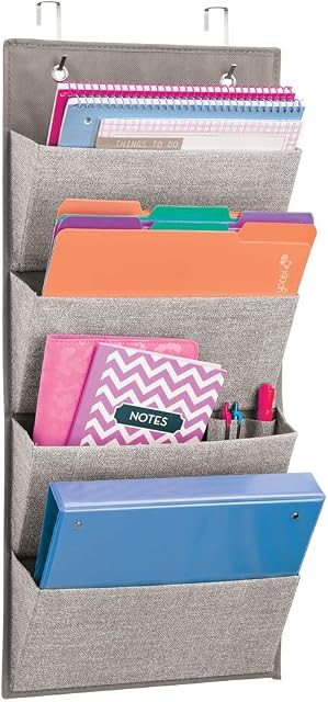 mDesign Office Storage Organiser  Linen Over Door Storage Rack in Jute Pattern  4 Hanging Storage Pockets for Notebooks, Files or Folders in The Office  Grey