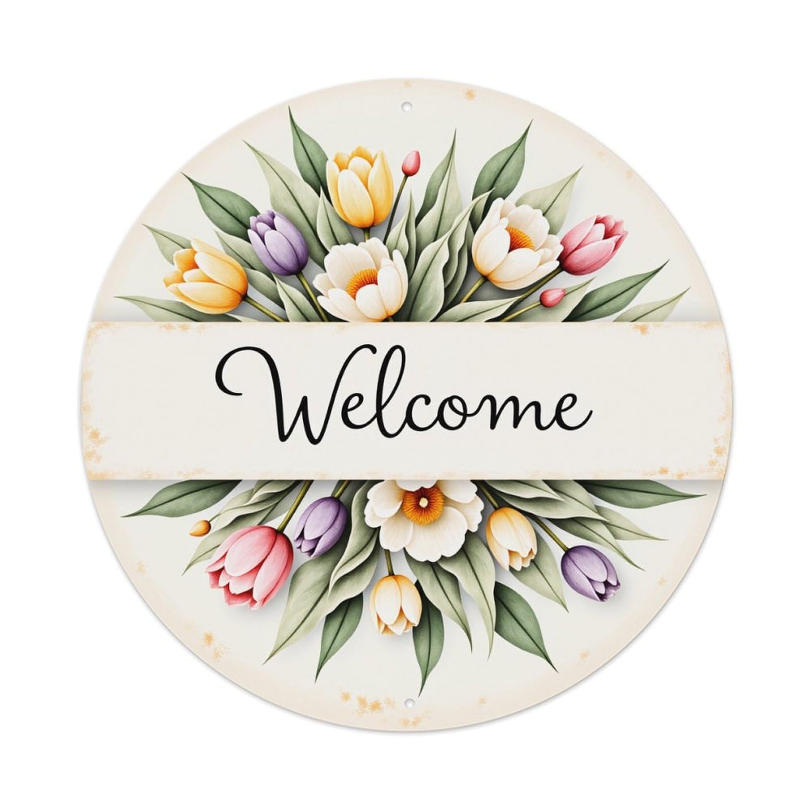 Floral Arrangement With Tulips And Leaves Round Vintage Tin Sign,Retro Wall Art,Metal Poster for Home, Bar, Garage, Cafe, Rustic Indoor & Outdoor Decor, 8x8 Inches
