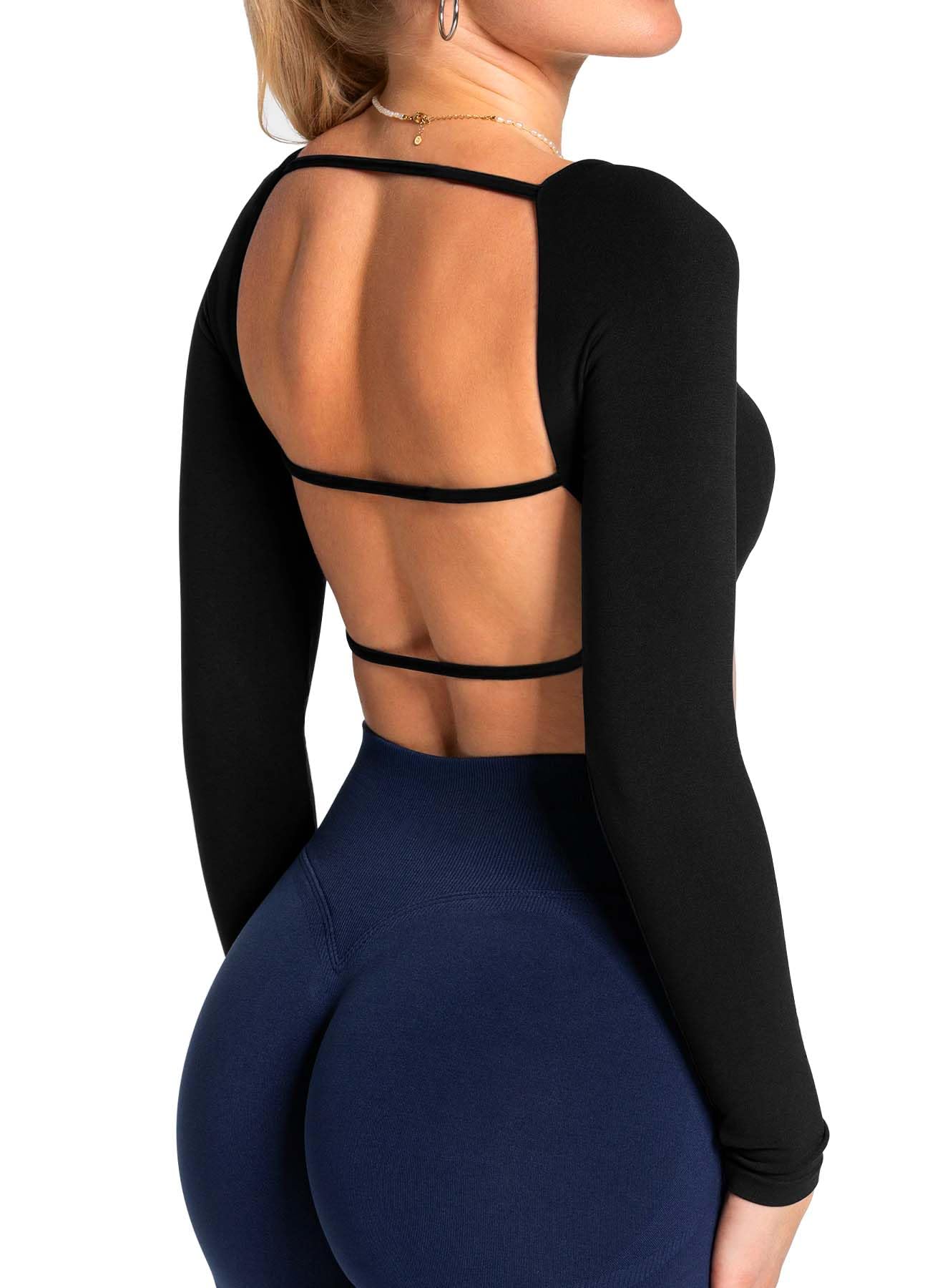 TZLDN Haut de sport dos nu à manches longues pour femme, haut de sport, haut court ventral, haut de sport, yoga, pilates, danse, rave