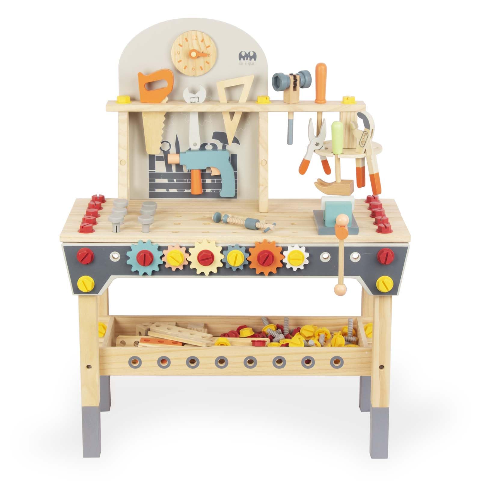 WOODENFUN Tool Workbench for Kids,Wooden Pretend Play Tool Bench Workshop with Wrench, Screwdriver, Miter Saw and Hammer,Educational Gift for Age 3 and Up