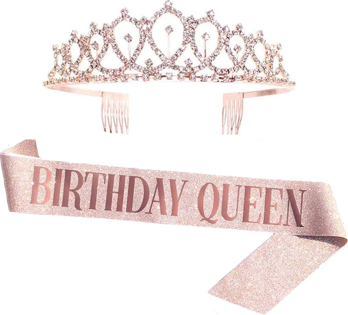 Leixi Birthday Queen Sash & Rhinestone Tiara Kit - 21st 30th Birthday Gifts Birthday Sash for Women Birthday Party Supplies (Rose Gold)