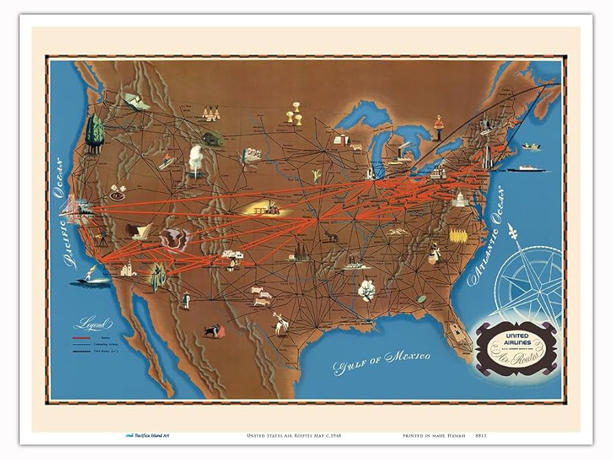 ビンテージ ユナイテッドエアライン アメリカ マップ Amazon.com: United States Air Routes Map - United Airlines