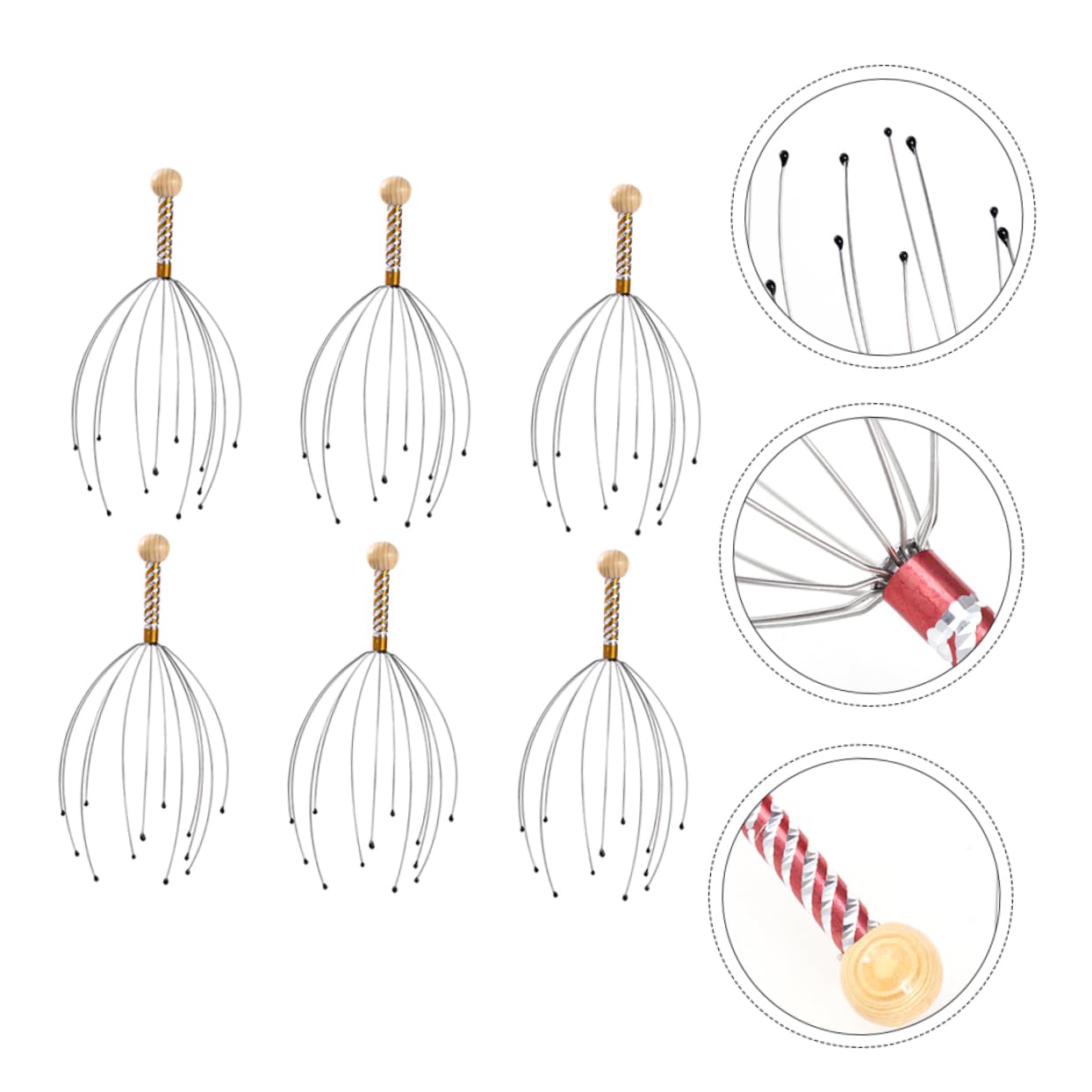 Healeved Masajeador de Cabeza y Cuero Cabelludo Forma de Tentáculos, 6 Piezas, Acero y Madera, Diseño de Puntos de Presión, Ligero, para Masaje Relajante