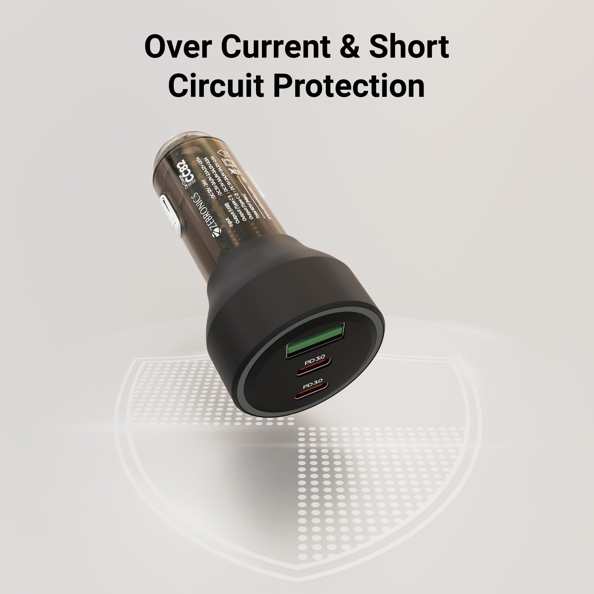 Zebronics 82W Car Charger, Dual Type-C & USB Output, Rapid Charging, Type-C to Type-C Cable 1m, LED Indicator, Multi Protection, Transparent Design (CC82) — Amazon image 6