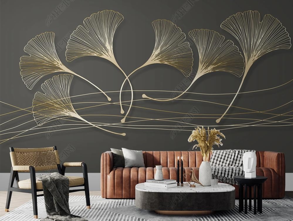 Papier peint intissé ginkgo doré 300x210 décoration murale salon
