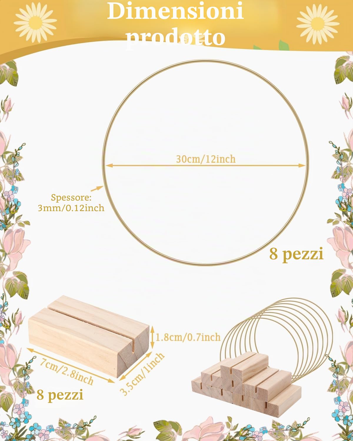 8 Pezzi Centrotavola a Cerchio Floreale in Metallo Cerchio Metallo 30 cm Cerchi per Ghirlande Floreali con 8 Base in Legno per Realizzare Decorazioni per Ghirlande da Tavolo di Nozze