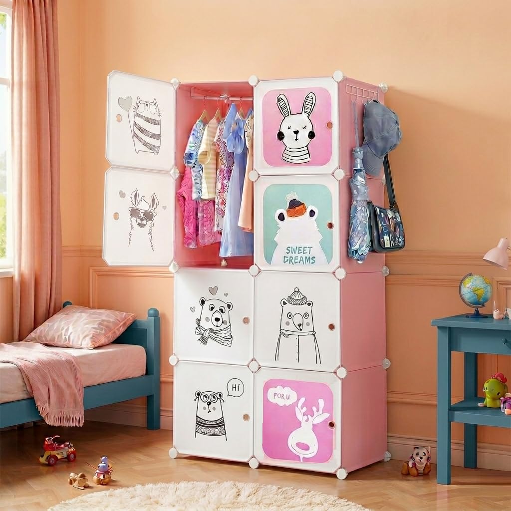 KRISHYAM® Kids Modular Wardrobe with Cartoon Animal Prints – 8 Cube Storage Organizer Cabinet with Doors | DIY Portable Space Saving Cupboard for Bedroom & Nursery (8 Box Bear Print)-image-2