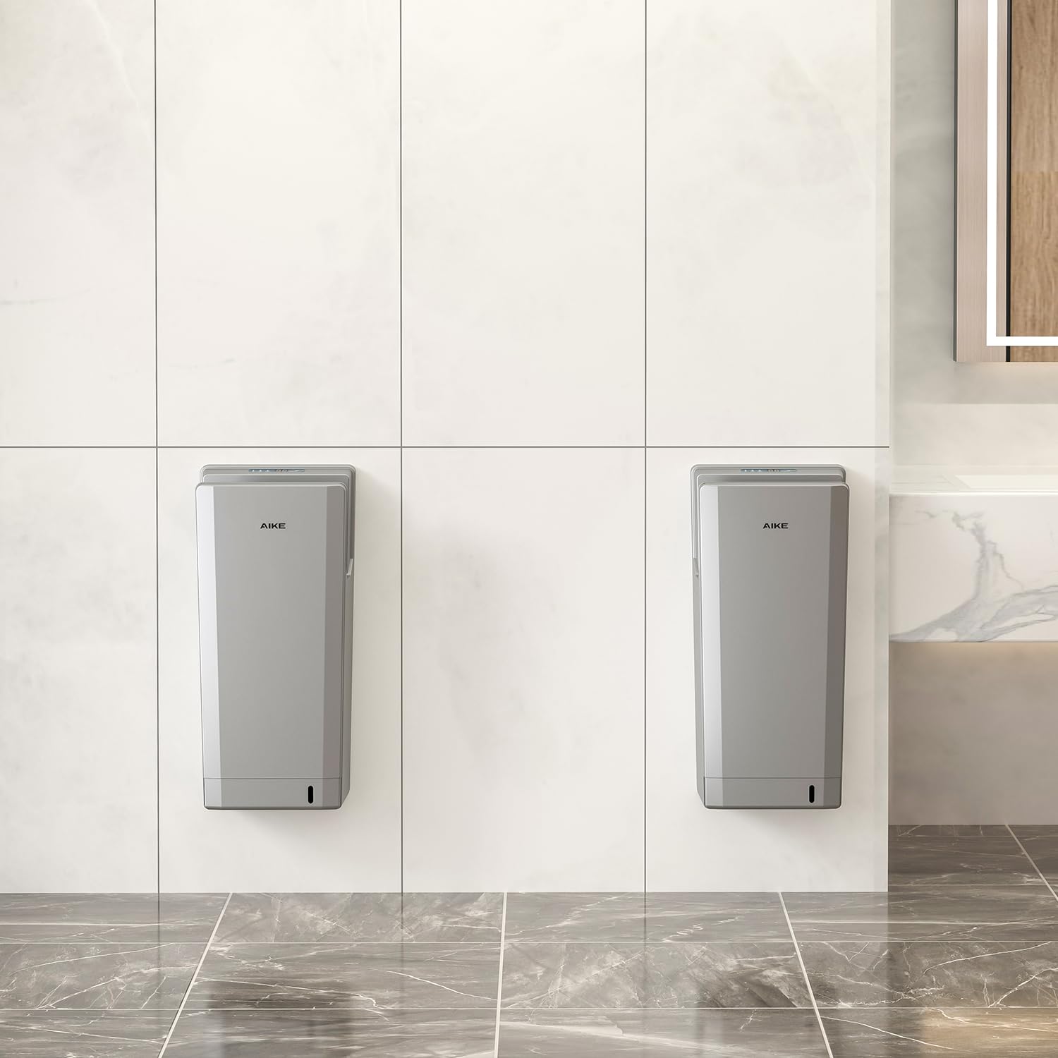 AIKE Swift Sèche-Mains Professionnel avec Filtre HEPA, Design Géométrique, Flux d'air 90M/S, pour Sanitaires à Fort Trafic, 1850W 220V Argent
