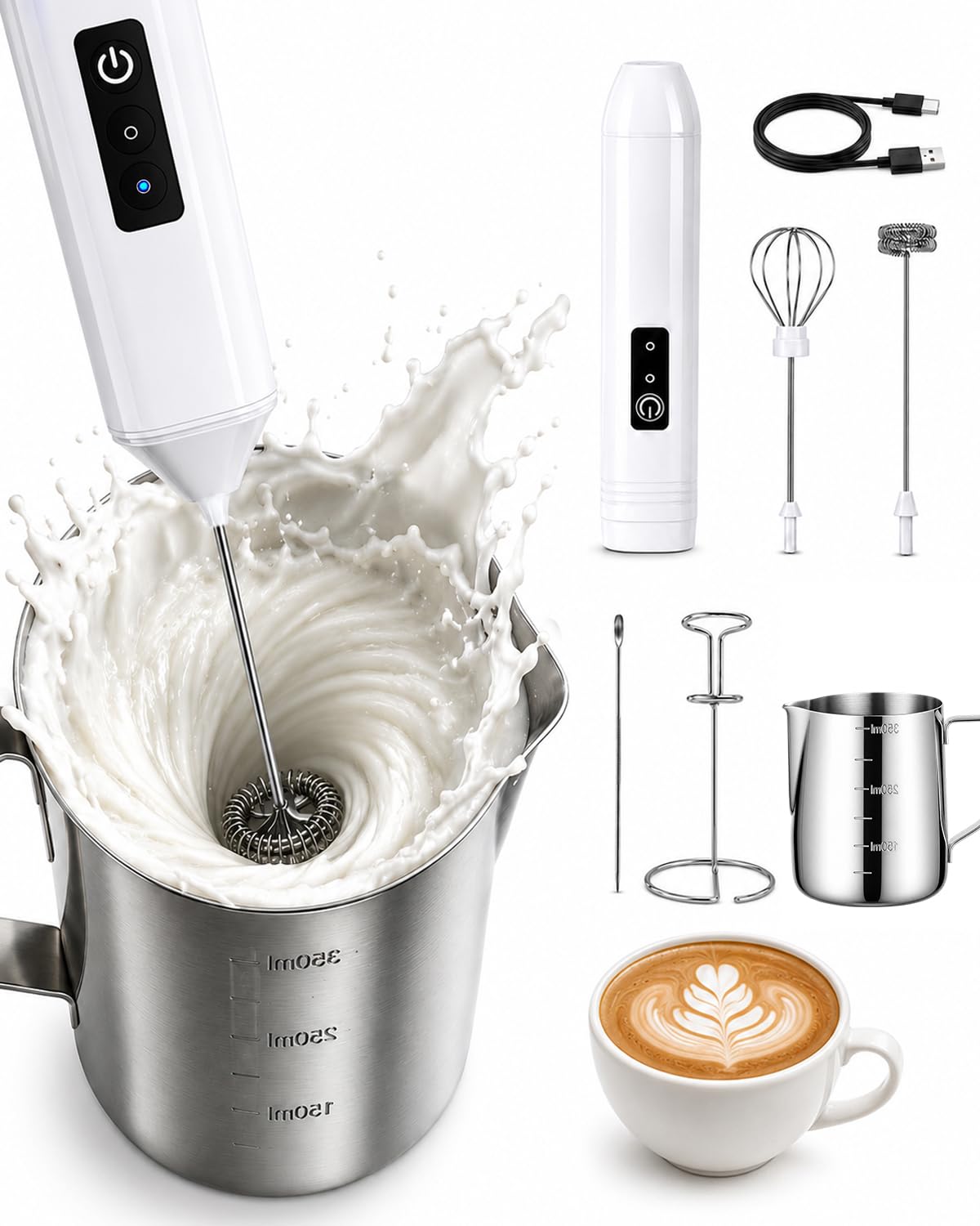 Electric Milk Frother Handheld, USB Rechargeable Frother Whisk with Stand and 350ml/12oz Milk Frother Jug, Coffee Whisk Set for Coffee, Hot Chocolate, Latte Art, Cappuccino and Espresso