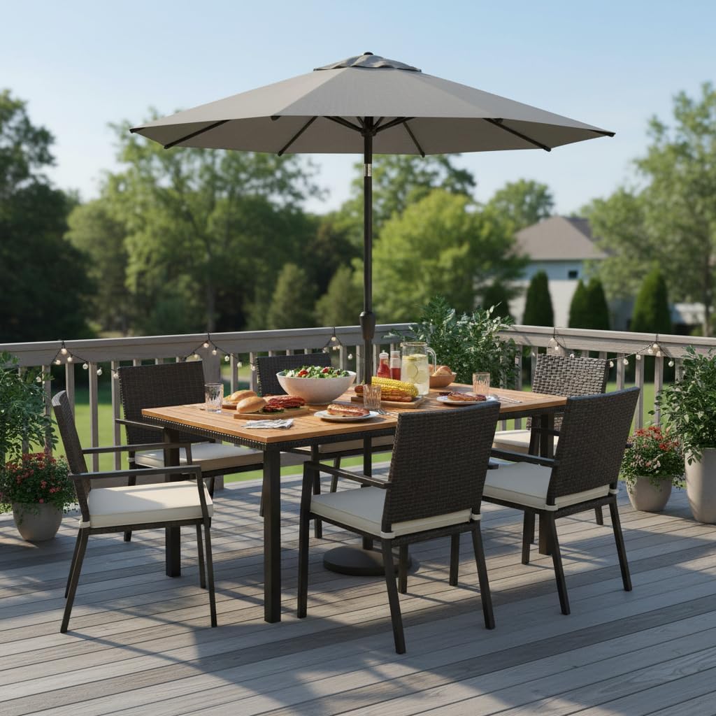 Tangkula 55 Inches Acacia Wood Patio Dining Table for 6, Rectangle Outdoor Dining Table with Metal Frame and Umbrella Hole, 6-Person Outside Table for Patio, Garden, Yard