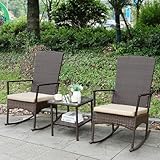 Outdoor Rocking Chair 3 Pieces High-Backed Rocking Chair Patio Rocking Chairs Outdoor Table, Khaki
