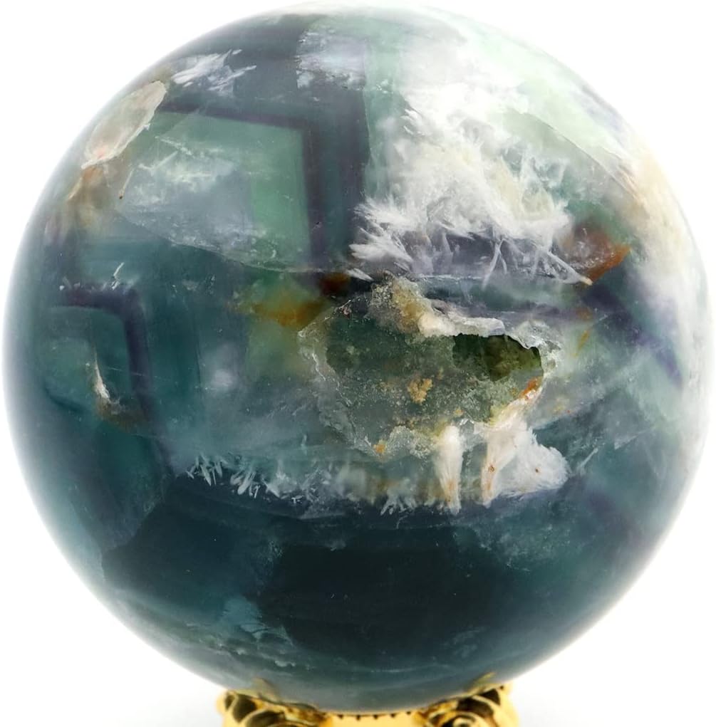 GOLD STONE] エンジェルフェザー フローライト 丸玉 直径 約68mm 台座