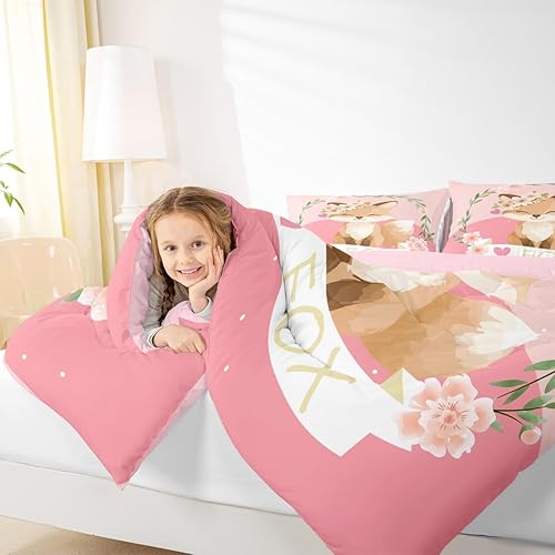 Miniatura 7 de Feelyou Juego de edredón de zorro de dibujos animados para niñas, juego de ropa de cama de zorro lindo para niños y niñas, juego de edredón Kawaii