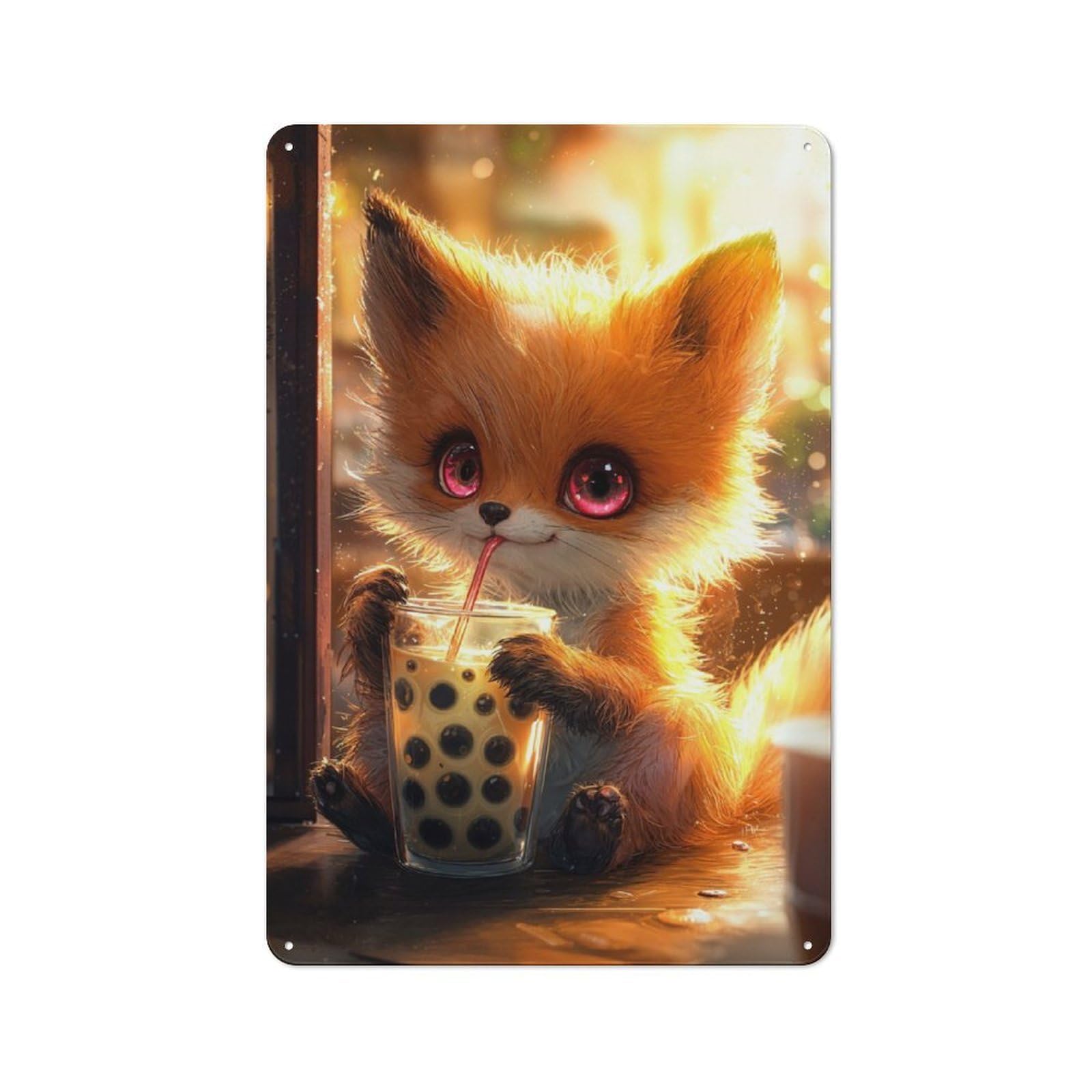 Junmoney Cute Fox Drinking Boba Tea 30X20cm Rustic Metal Sign With For Home Office Or Studio, Gift For Studio Owners During The Christmas Season