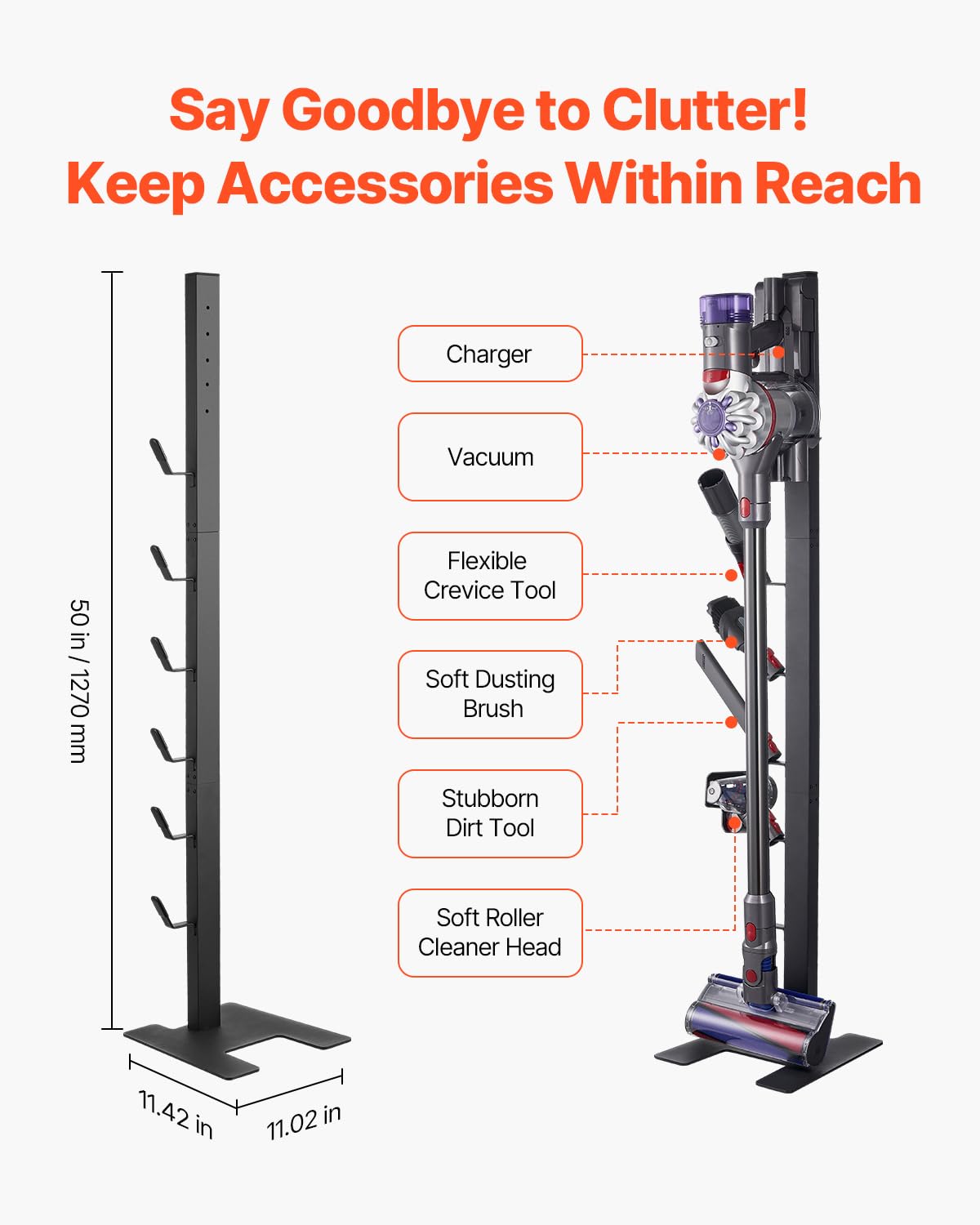 VEVOR Soporte de Aspiradora 1270 mm Compatible con Dyson V6 V7 V8 V10 V11 V15 Soporte Estable para Aspiradora con 6 Ganchos para Aspiradoras Verticales Dyson DC30 DC31 DC34 DC35 DC58 DC59 DC62 D74