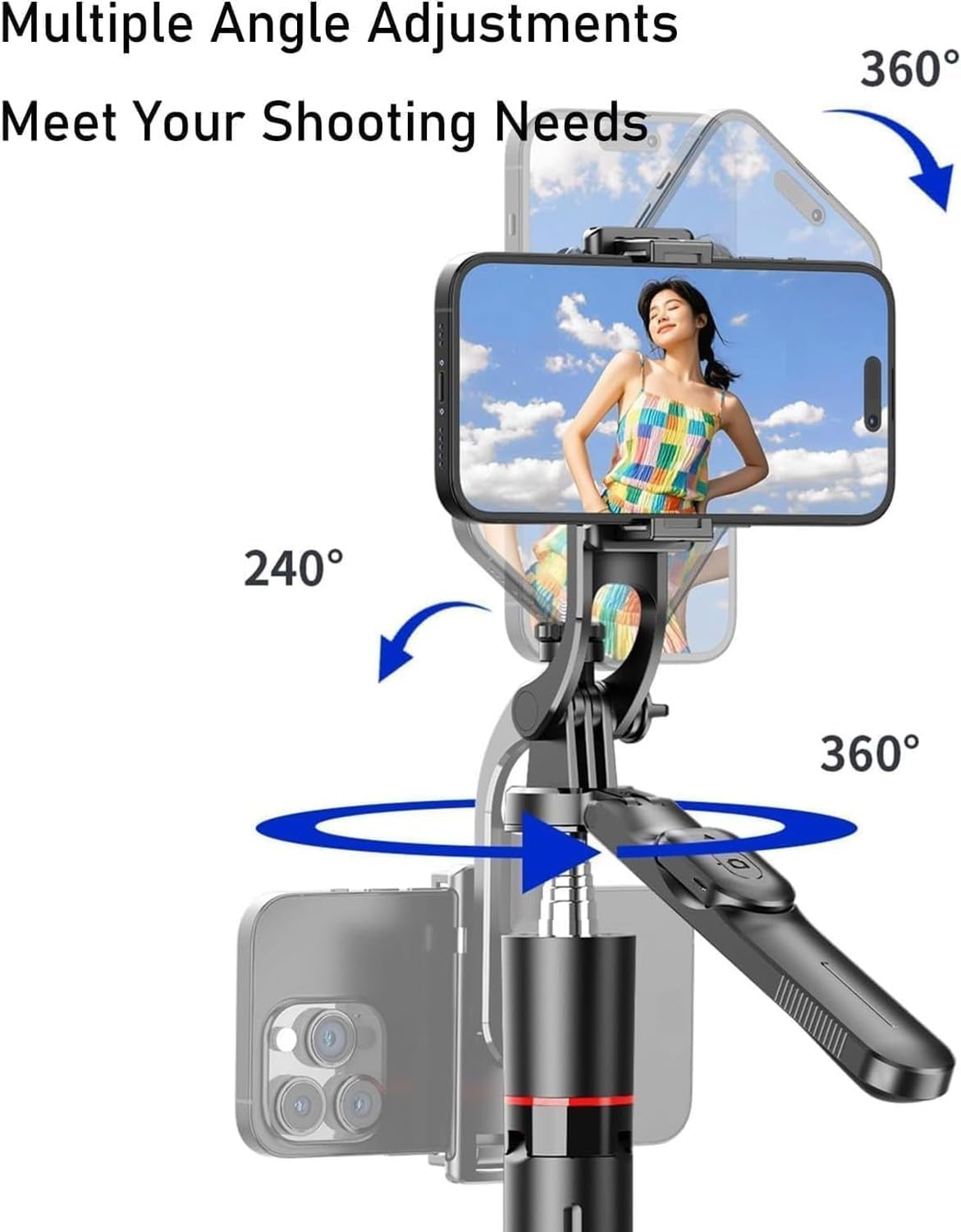 Trípode Gimbal Estabilizador 2 en 1 para Móvil, Palo Selfie 360° Antivibración Repartir Cada Movimiento, Plegable Robusto Estabilidad Sólida, Negro