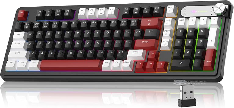 MageGee GK960 Wireless Keyboard, 98 Keys Tri-Mode BT/2.4G/Wired Membrane Gaming Keyboard, RGB Creamy Keyboard with Number Pad, Knob Control, 4000mAh Battery - White & Black