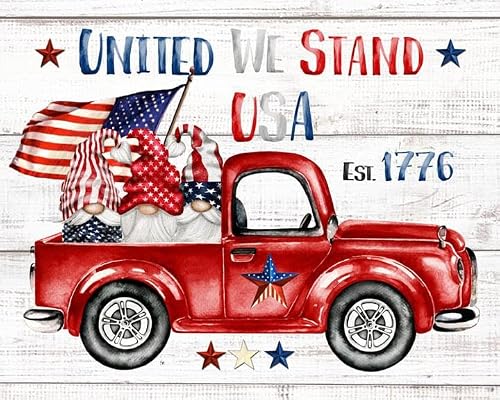 Retro Metal Tin Sign 8 X 12 Inches Patriotic Gnome Sign Gnomes and Vintage Red Truck United We Stand USA Décor Gift Country Sign Wall Hanging Wreath Sign Funny Wall Decor Nostalgic Arts Decor