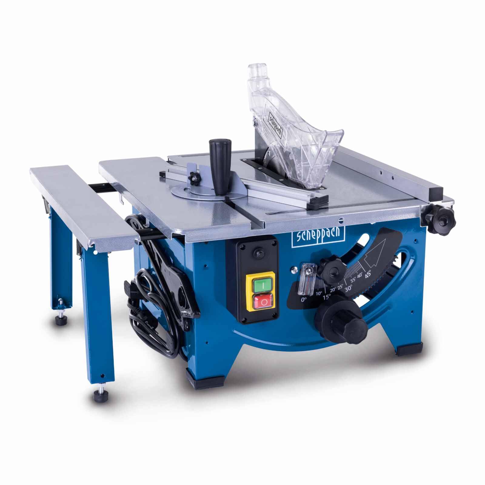 Scheppach HS80 Table Saw, 1200W, 210mm Blade, 0–45° Tilt, 45mm Cut Height, Mitre Gauge & Extension Table, Bench Top for Small Workshop