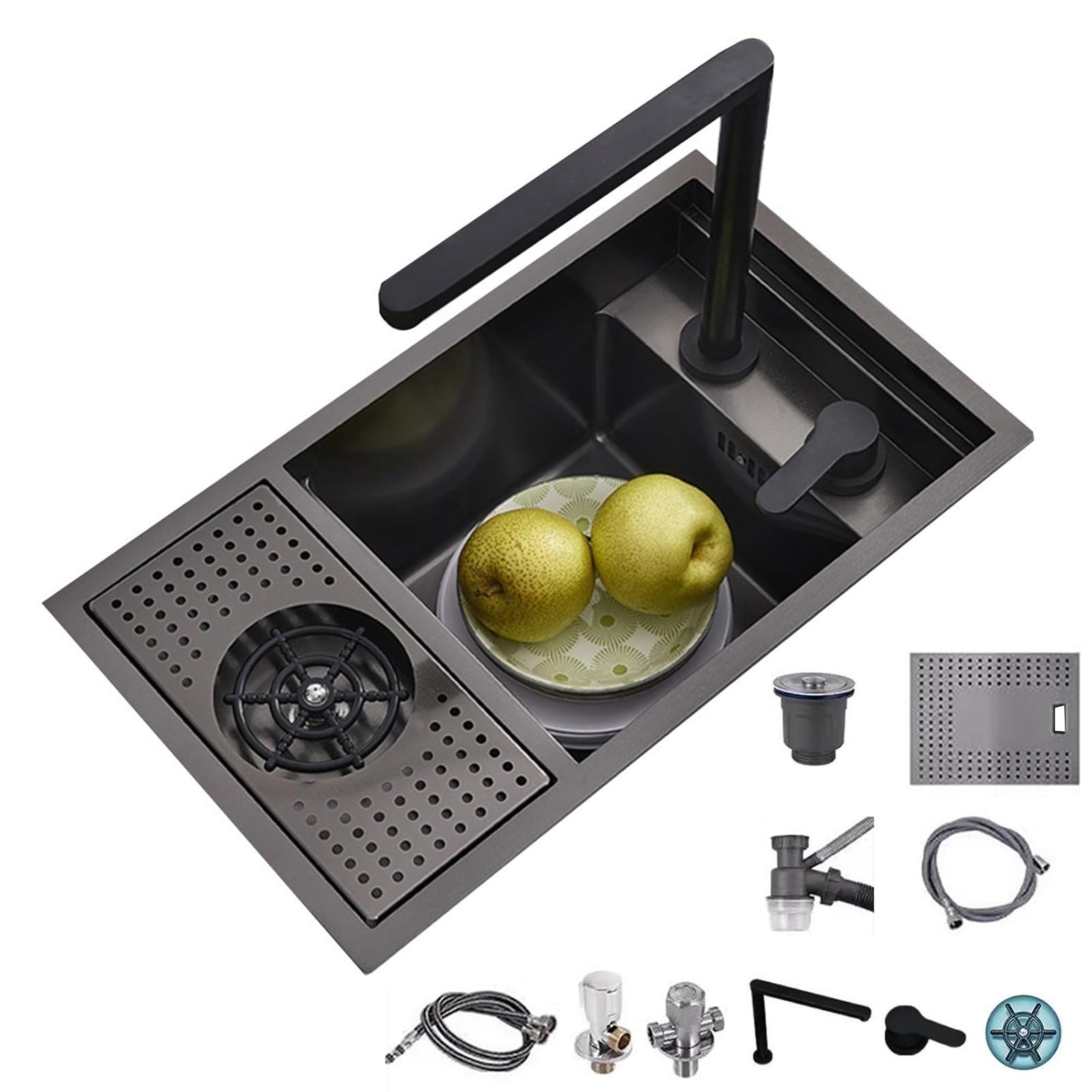 ZQFHSX Stainless Steel Invisible Sink with Lift-Style Faucet Glass Washer – Space-Saving Single Bowl for Coffee Bar, Kitchen Vegetable Washing Commercial Prep Sink(55 * 32 22cm)