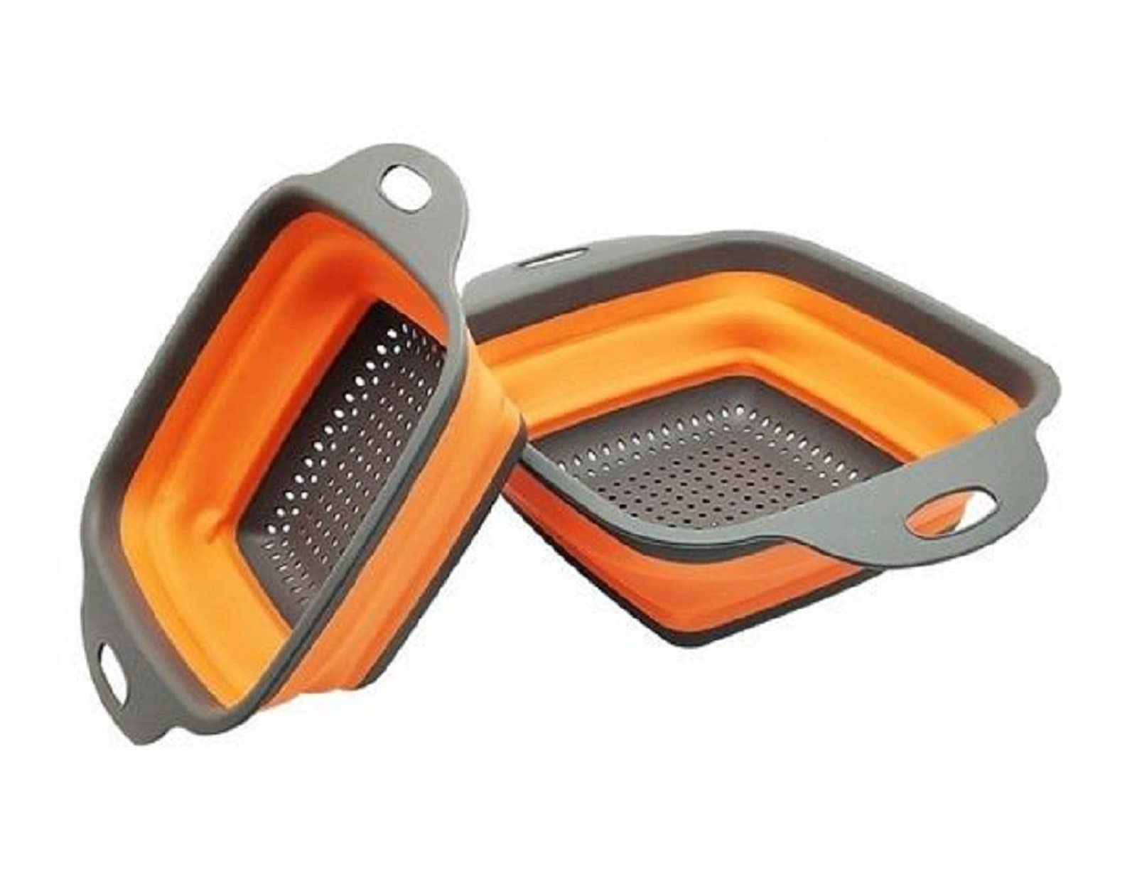 2Pcs Silicone Drain Basket [Small + Large] Folding Square Strainer Bowls for Fruit Vegetables Collapsible Colander Drainer Kitchen Storage Tool (Orange)