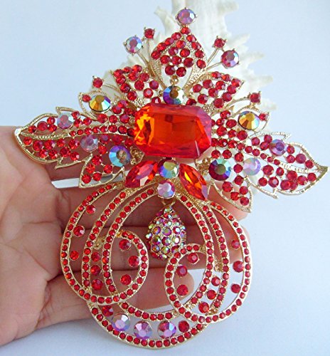 Gorgeous 4.72" Rhinestone Crystal Flower Brooch Pin Pendant Bz4249 (Gold-Tone Red) #TOP2