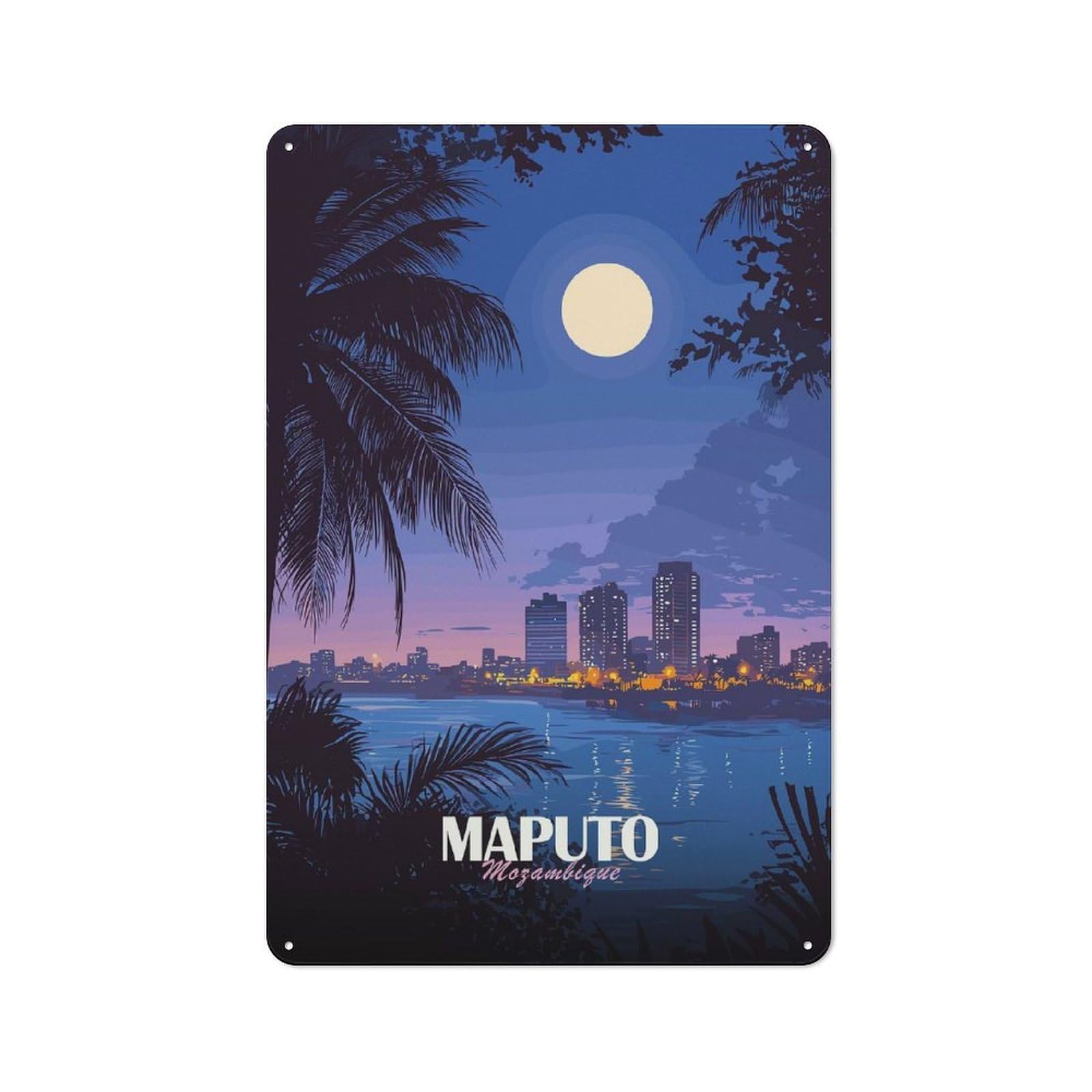 Junmoney Style-4 Maputo Mozambique Cityscape At Night Printed Metal Sign 30X20cm For Café Or Home Bar, For Kitchen And Home Bar Decor, For Cafés, Pubs And Restaurants