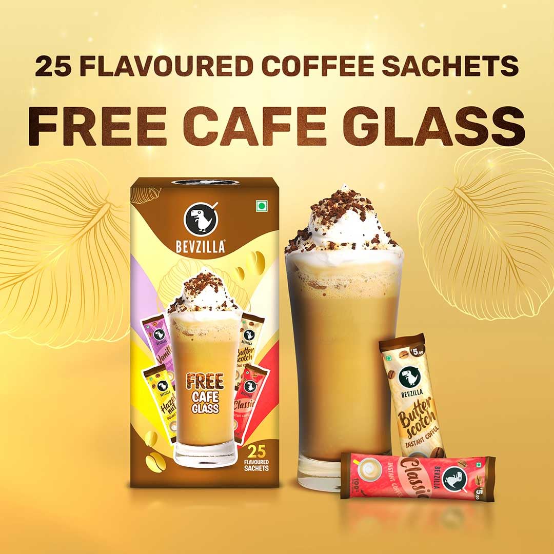 Bevzilla Premium Glass & 25 Flavoured Coffee Sachets/Pouch Box | Butterscotch, Classic, Vanilla & Hazelnut Flavour | Preimum Gift Box| Espresso, Latte,Cappuccino | Hot & Cold Brews
