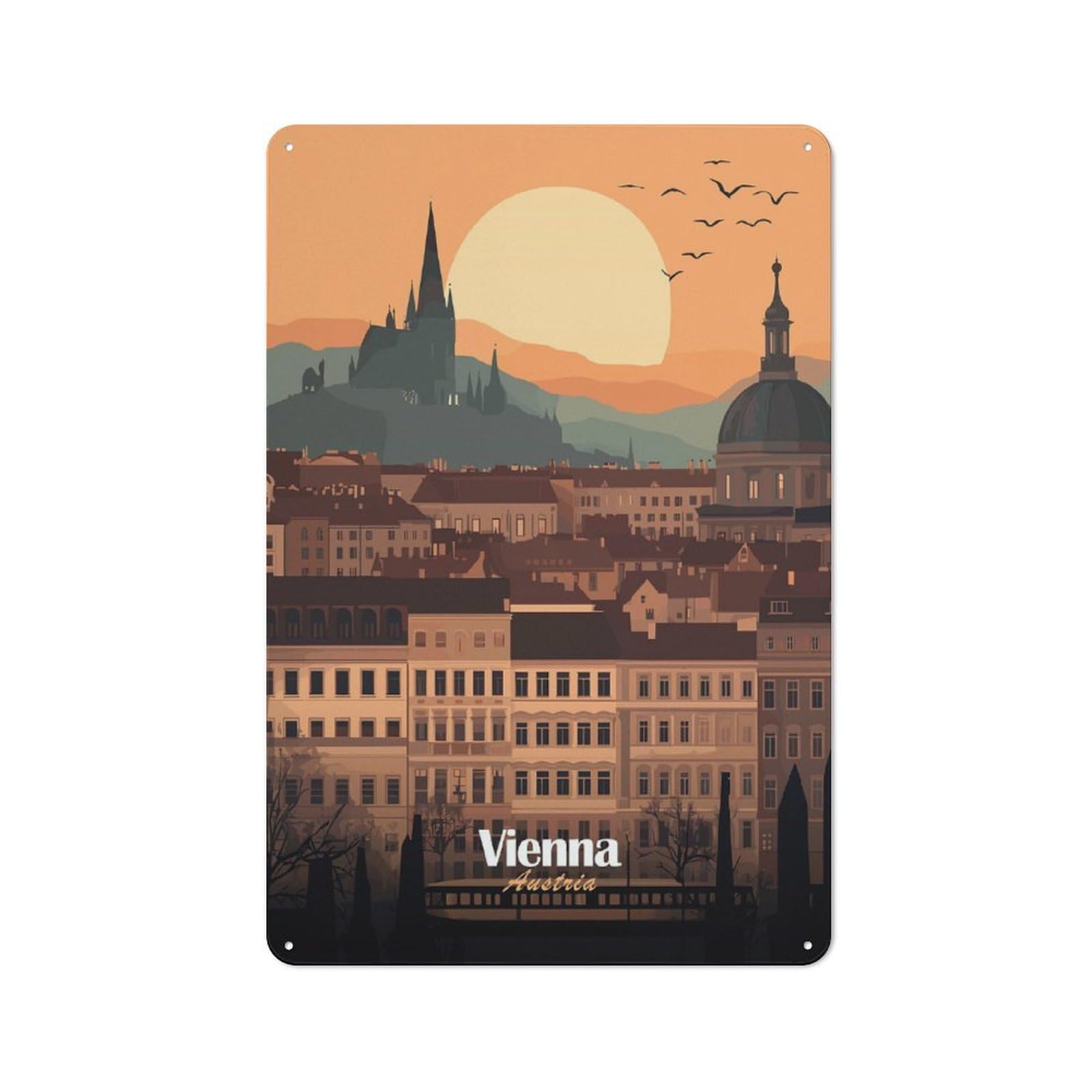 Junmoney Style-4 Vienna Cityscape Sunset Warehouse Style Metal Wall Decor 30X20cm, Tin Wall Sign For Modern Home, Workshop, Office Or Cafe